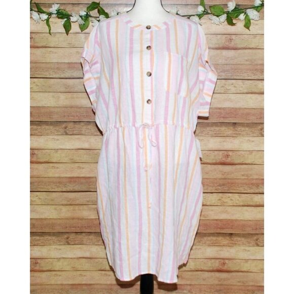NWT Time And Tru Ladies Pink Striped Sheath Dress Size XXL Linen Blend Pockets S - Picture 1 of 14
